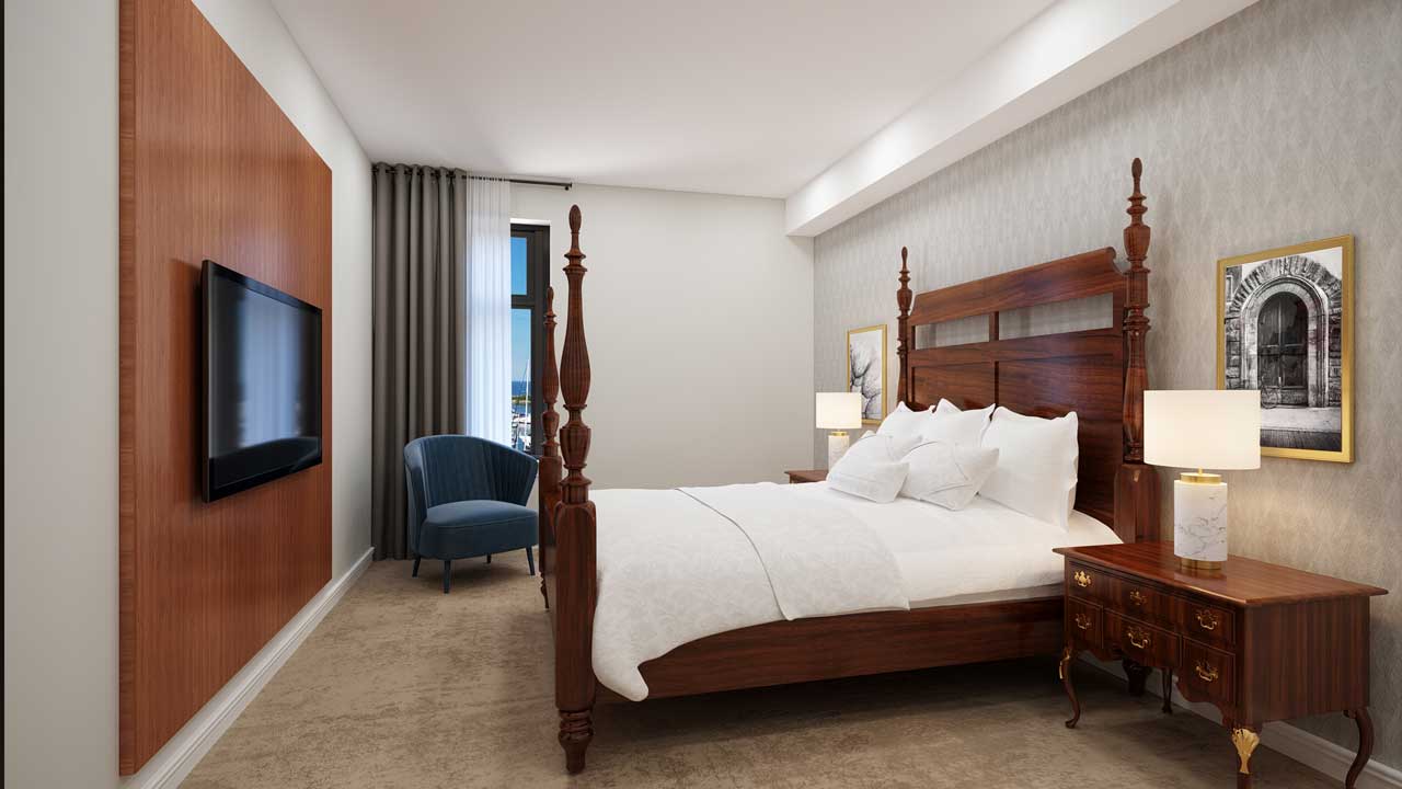 A beautifully-decorated bedroom at The Waterside Inn